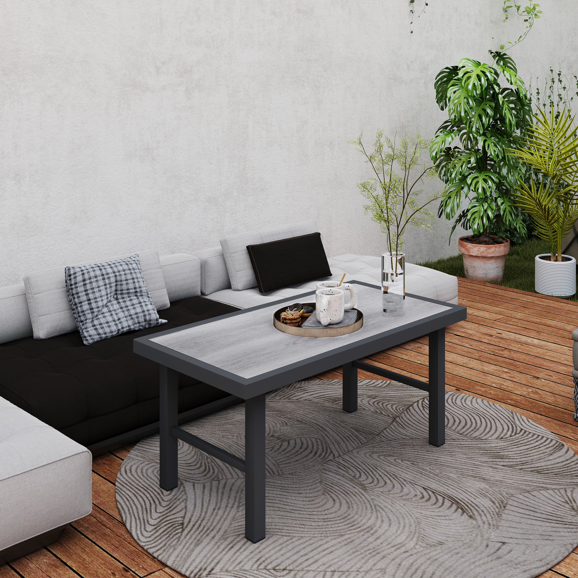 Outsunny Metal Garden Coffee Table, Outdoor Side Table with SPC Woodgrain Tabletop for Outside, Garden, Balcony, Porch, 100 x 53 x 46cm, Grey Wood Effect